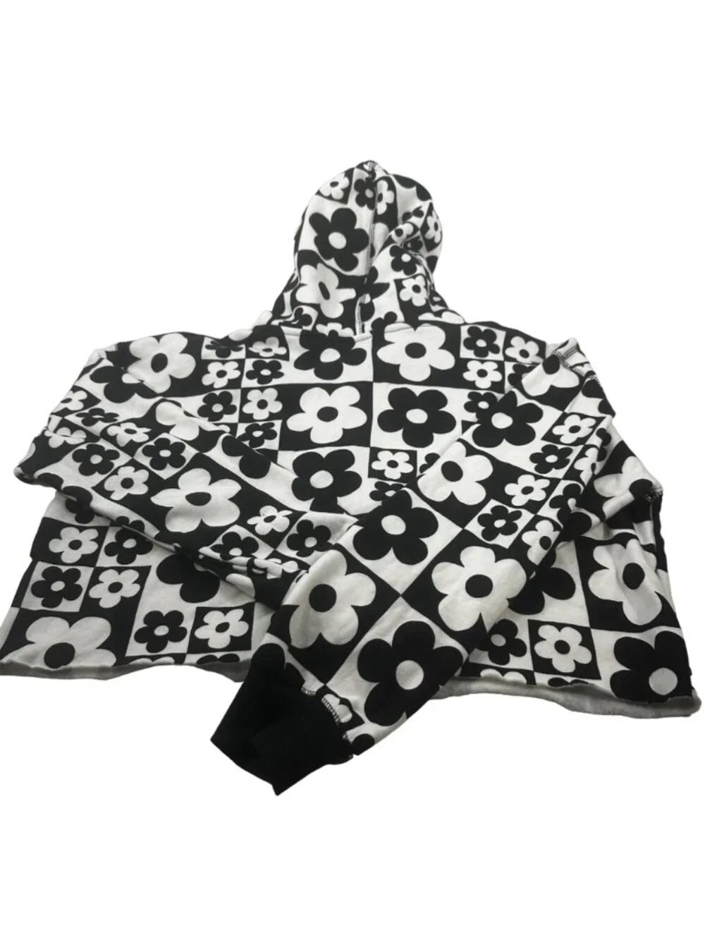 Wild Fable Women's Size Medium Hoodie Cropped Black White Floral Squares New - Picture 2 of 14